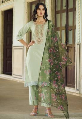 Sea green viscose rayon embroidered free size suit 1