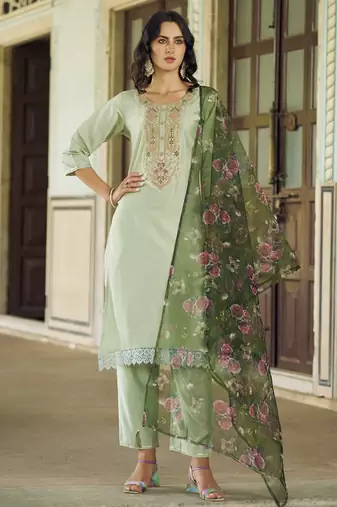 Sea green viscose rayon embroidered free size suit