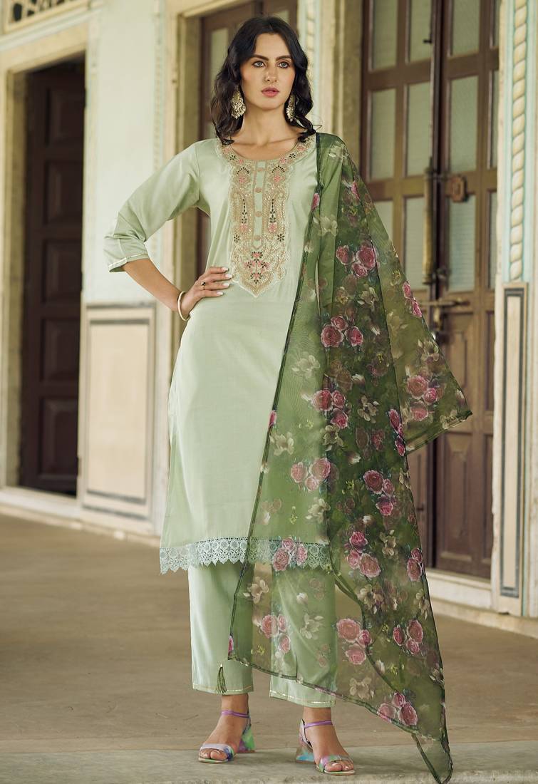 Sea green viscose rayon embroidered free size suit