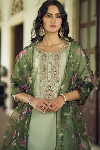 Sea green viscose rayon embroidered free size suit