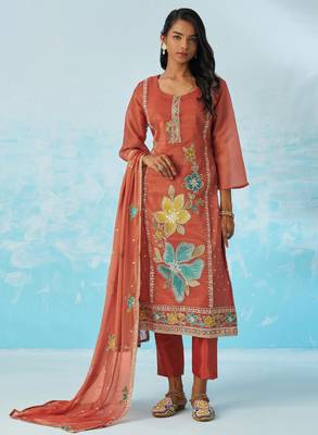 Pink fancy fabric thread and sequins embroidery free size suit 1