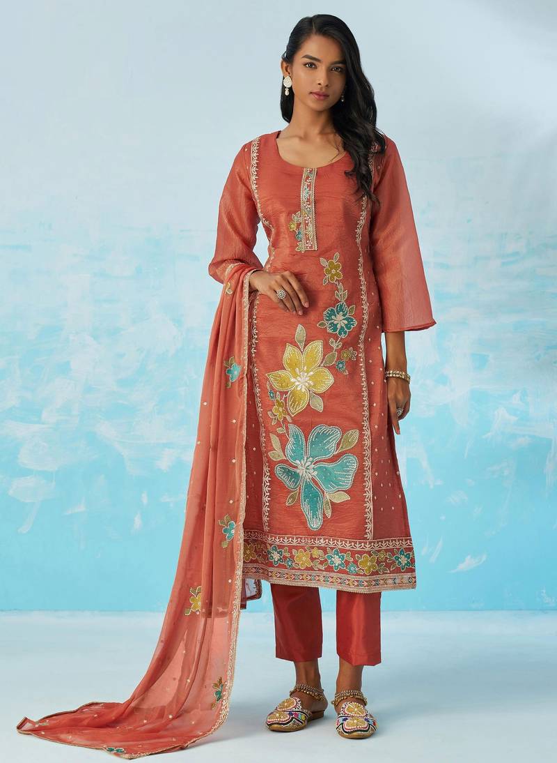 Pink fancy fabric thread and sequins embroidery free size suit