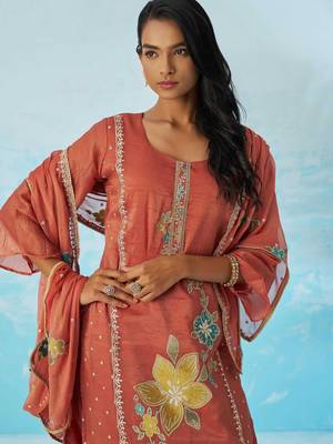 Pink fancy fabric thread and sequins embroidery free size suit 2