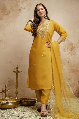 Mustard silk blend embroidered free size suit