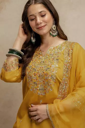 Mustard silk blend embroidered free size suit