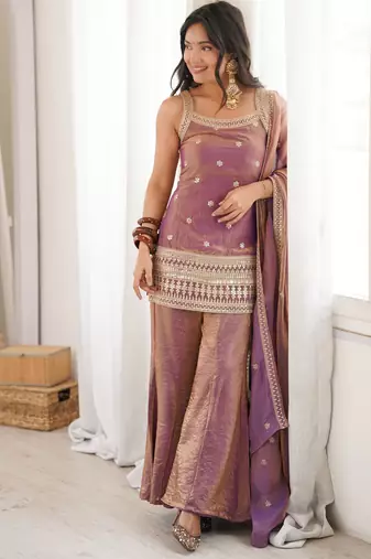 Purple silk blend embroidery sequence dori and jari work with back side fancy dori pattern free size suit
