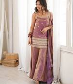 Purple silk blend embroidery sequence dori and jari work with back side fancy dori pattern free size suit