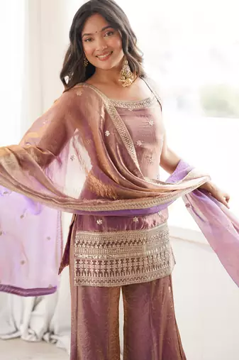 Purple silk blend embroidery sequence dori and jari work with back side fancy dori pattern free size suit