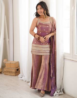 Purple silk blend embroidery sequence dori and jari work with back side fancy dori pattern free size suit 4