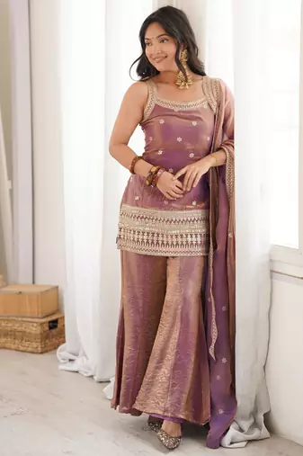 Purple silk blend embroidery sequence dori and jari work with back side fancy dori pattern free size suit