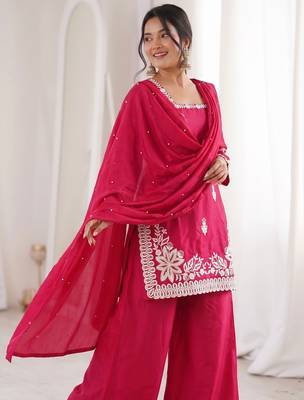 Rani pink silk blend embroidered free size suit 1