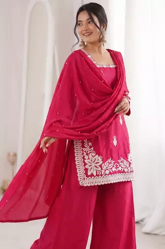 Rani pink silk blend embroidered free size suit