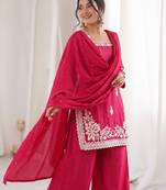 Rani pink silk blend embroidered free size suit