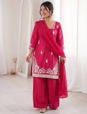 Rani pink silk blend embroidered free size suit 2