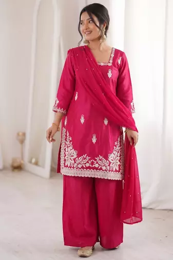 Rani pink silk blend embroidered free size suit