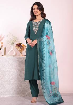 Teal silk blend embroidered free size suit 1