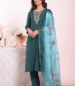 Teal silk blend embroidered free size suit