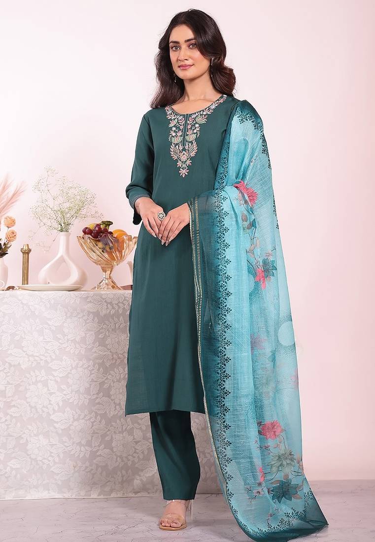 Teal silk blend embroidered free size suit