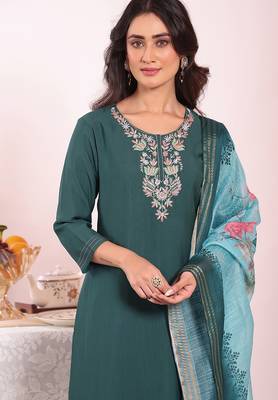 Teal silk blend embroidered free size suit 2