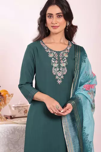 Teal silk blend embroidered free size suit