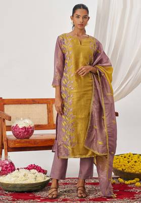 Yellow fancy fabric exquisite cut paste embroidery & sequin free size suit 1