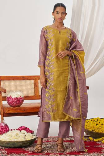 Yellow fancy fabric exquisite cut paste embroidery & sequin free size suit