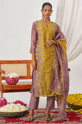 Yellow fancy fabric exquisite cut paste embroidery & sequin free size suit