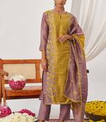 Yellow fancy fabric exquisite cut paste embroidery & sequin free size suit