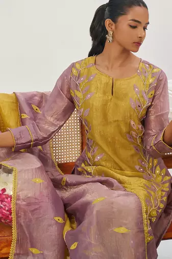 Yellow fancy fabric exquisite cut paste embroidery & sequin free size suit