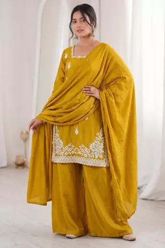 Yellow silk blend embroidered free size suit