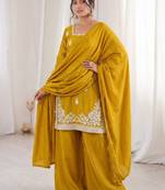 Yellow silk blend embroidered free size suit