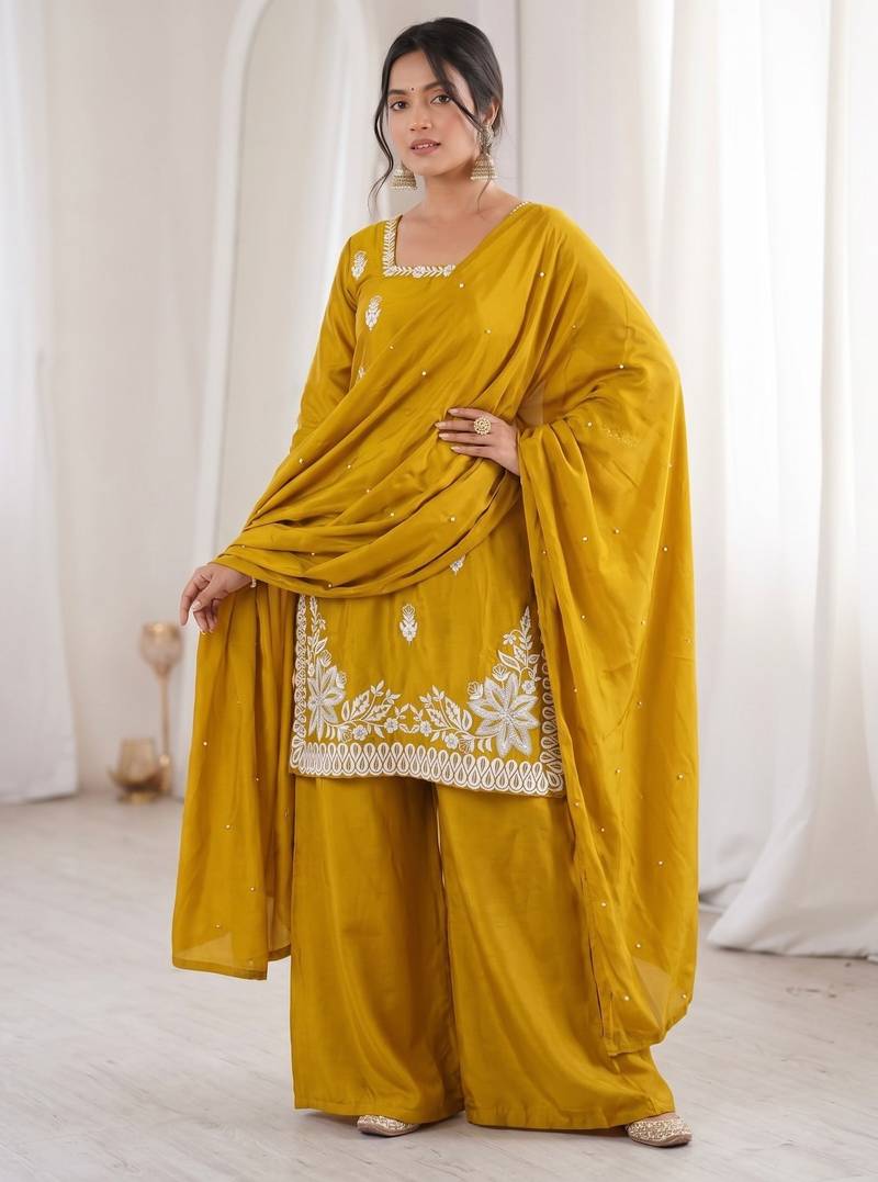 Yellow silk blend embroidered free size suit