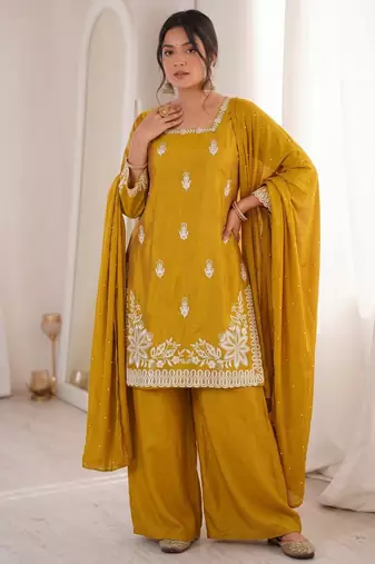 Yellow silk blend embroidered free size suit