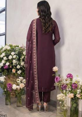 Purple georgette embroidered with multi thread and sequins work along with khatli work free size suit 1