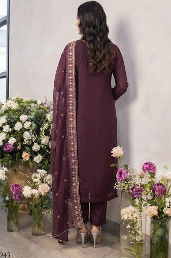 Purple georgette embroidered with multi thread and sequins work along with khatli work free size suit