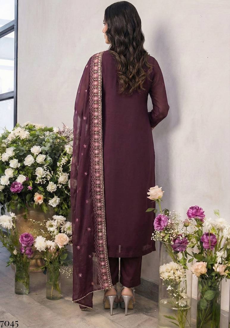 Purple georgette embroidered with multi thread and sequins work along with khatli work free size suit