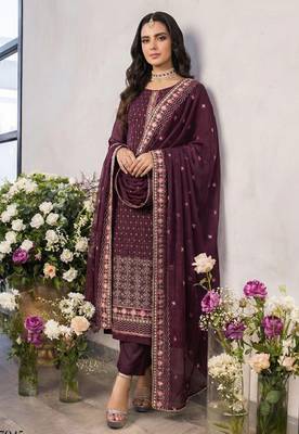 Purple georgette embroidered with multi thread and sequins work along with khatli work free size suit 2