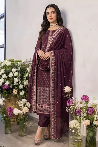Purple georgette embroidered with multi thread and sequins work along with khatli work free size suit