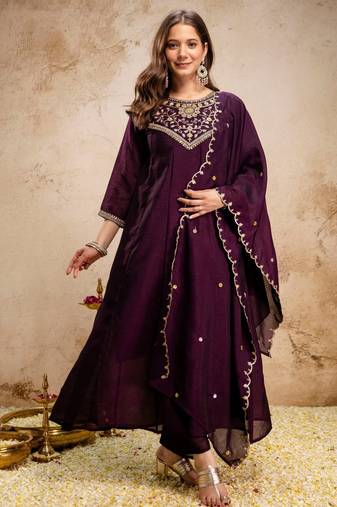 Wine silk blend embroidered   sequins free size suit