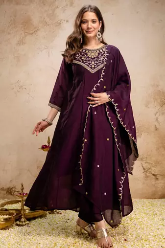 Wine silk blend embroidered   sequins free size suit