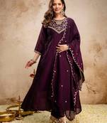 Wine silk blend embroidered   sequins free size suit