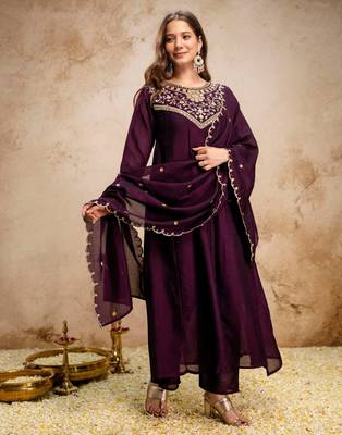Wine silk blend embroidered   sequins free size suit 2