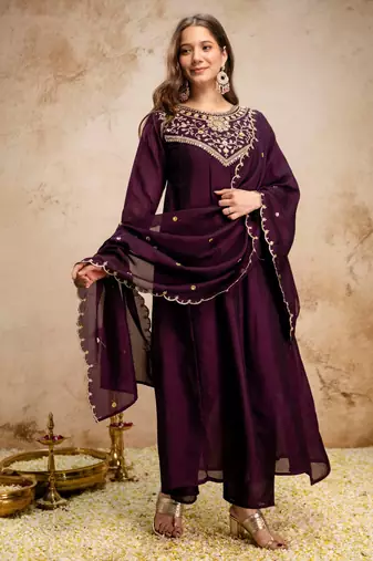 Wine silk blend embroidered   sequins free size suit