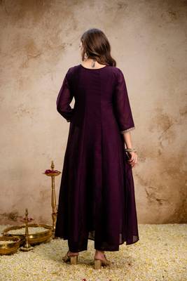 Wine silk blend embroidered   sequins free size suit 5