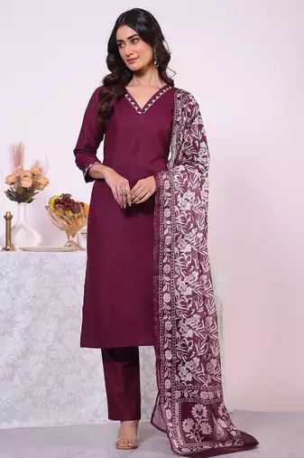 Wine silk blend printed free size suit