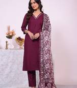 Wine silk blend printed free size suit