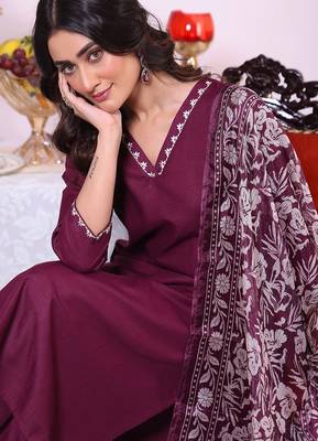 Wine silk blend printed free size suit 2