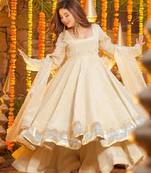 Cream fancy fabric foil work free size suit