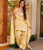 Yellow blended cotton digital print free size suit