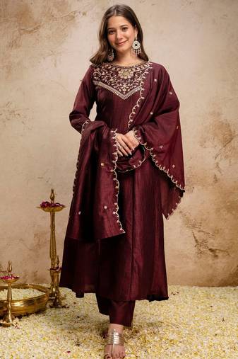 Coffee silk blend embroidered   sequins free size suit